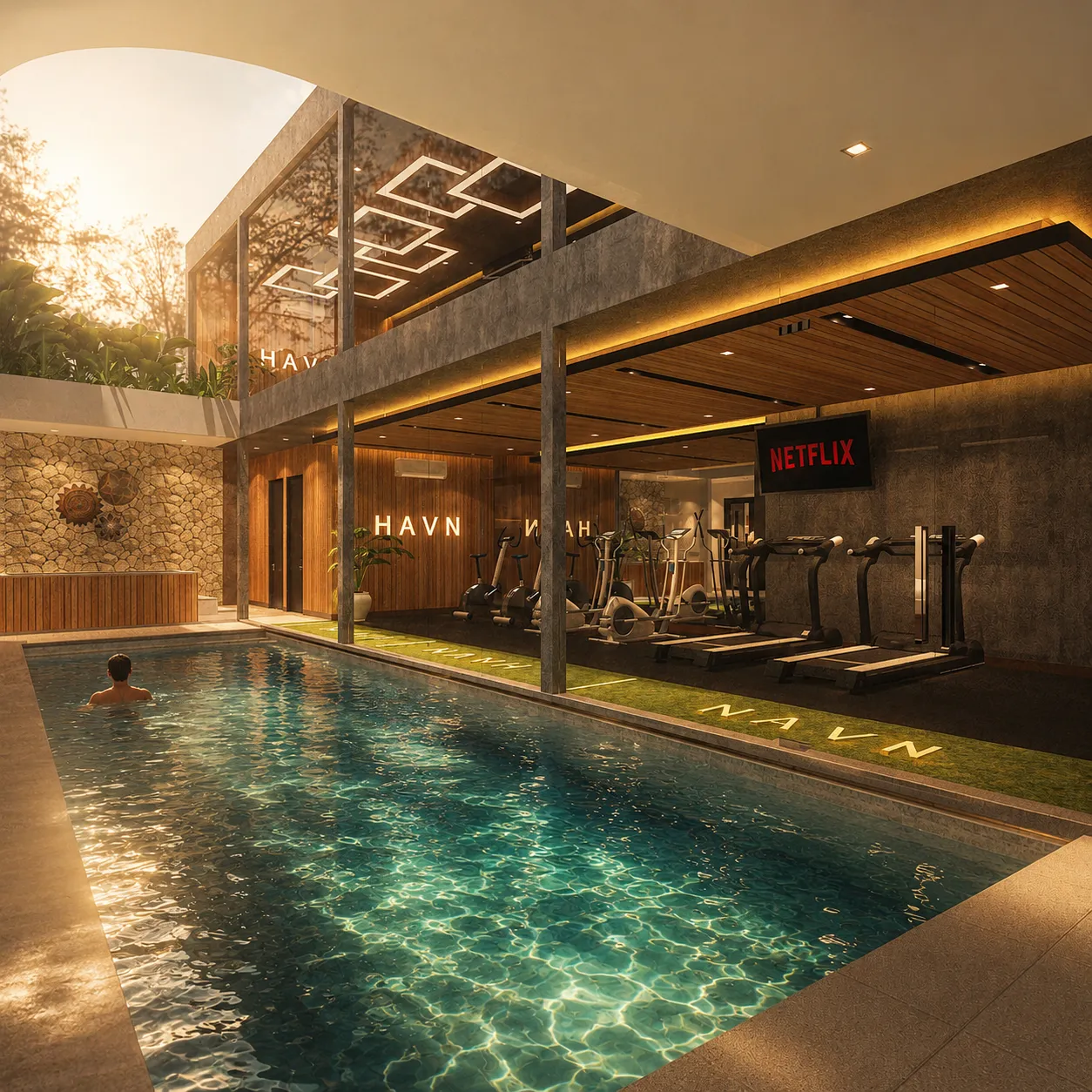 HAVN shared indoor pool at sunset